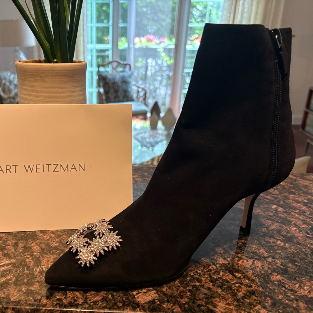 Stuart Weitzman Black Heeled Boots with Crystal Embellishment